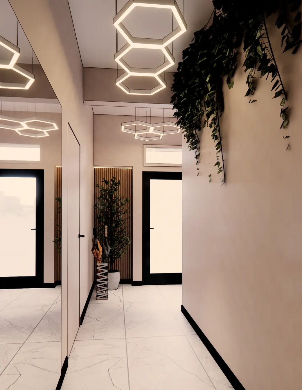 Prolaz RAZOR Wellness centra sa heksagonalnim svetlima, zelenilom i mermernim podom
